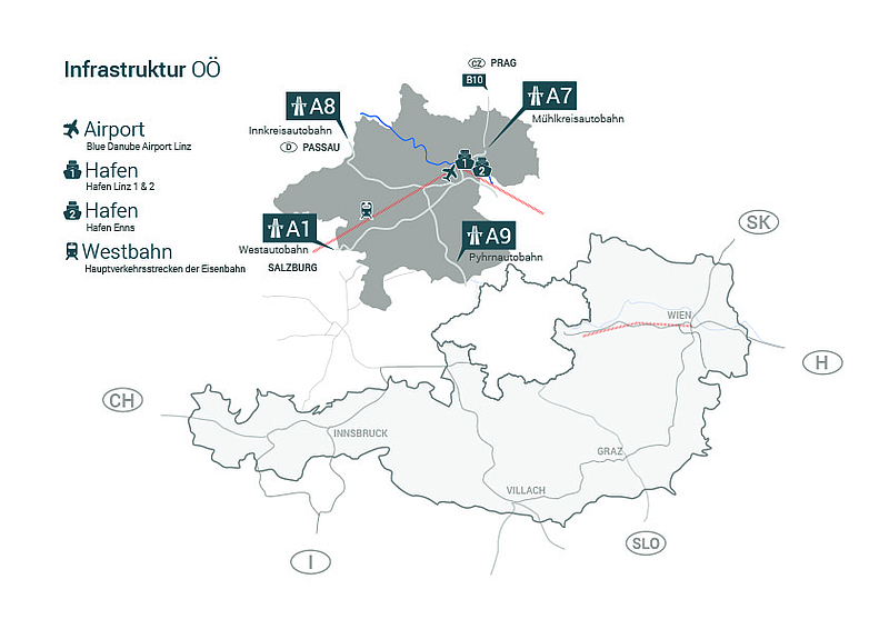 [Translate to Englisch:] Übersicht über die Infrstaktur in Oberösterreich, Straßennetze, Schiene, Verkehr