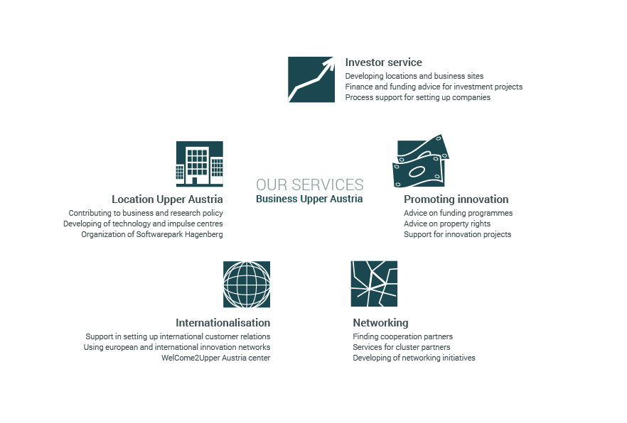 Infographic of Services provided by Business Upper Austria: Investor Service, Promoting Innovation, Networking, Internationalization, Location Upper Austria